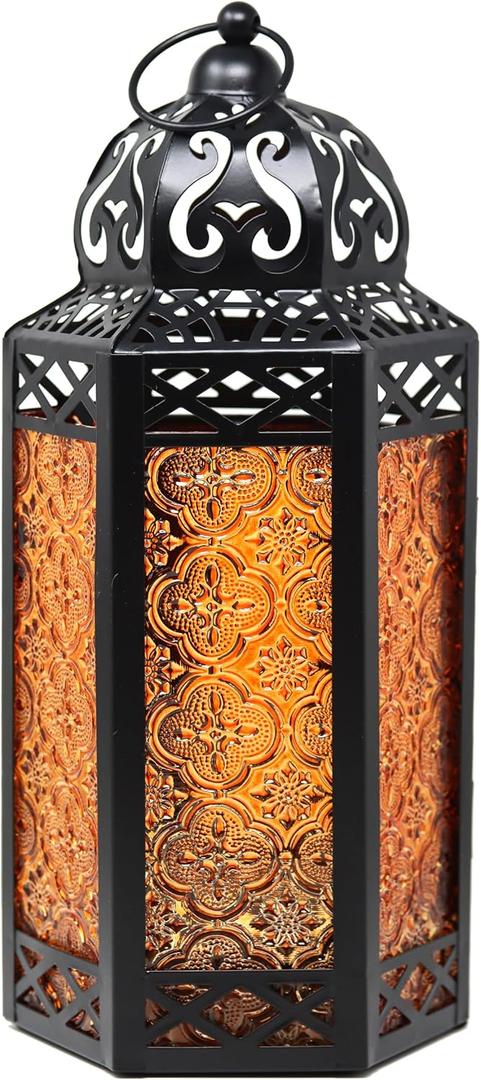 Black Metal Decorative Moroccan Lantern Candle Holder Lamp for Indoor or Outdoor Home Decor, Large, Amber