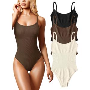 OQQ Women's 3 Piece Bodysuits Sexy Ribbed Sleeveless Adjustable Spaghetti Strips Tops Leotard 2025 Summer (Large, Black Coffee Beige)