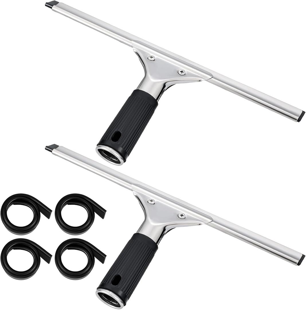 6 Pcs 12'' Professional Steel Window and Glass Squeegee with Replacement Rubber Glass Cleaning Squeegee Heavy Duty for Window Cleaning Streak Free Results, 
Silver, Black