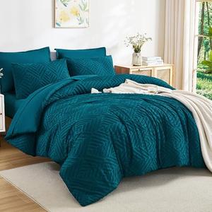 Andency Oversized King Size Comforter Set 7 Pieces Teal - Bed in a Bag Oversized King Boho Lightweight Fluffy Tufted Bedding Sets with Comforter, Sheets, Pillowcases & Shams