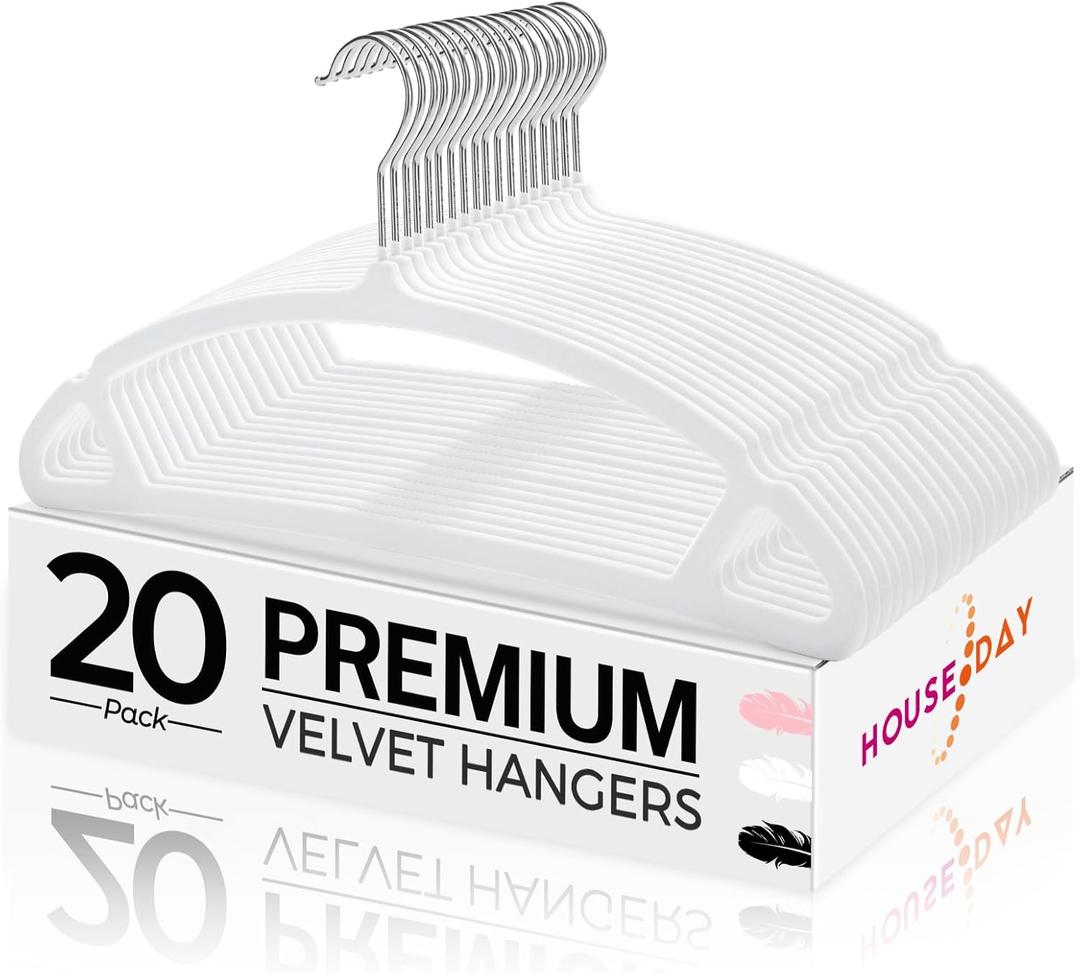 HOUSE DAY White Velvet Hangers 20 Pack, Luxury Non Slip Felt Hangers, Space Saving White Clothes Hanger Heavy Duty, No Shoulder Bump Focked Hanger with 360 Swivel Hook for Closet
