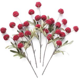 Floroom 5pcs Faux Silk Pompon Mum Artificial Flowers, Bulk Fake Mini Chrysanthemums with Stems for DIY Bouquet Centerpieces Wedding Fillers Arrangements Shower Decorations, Dark Red