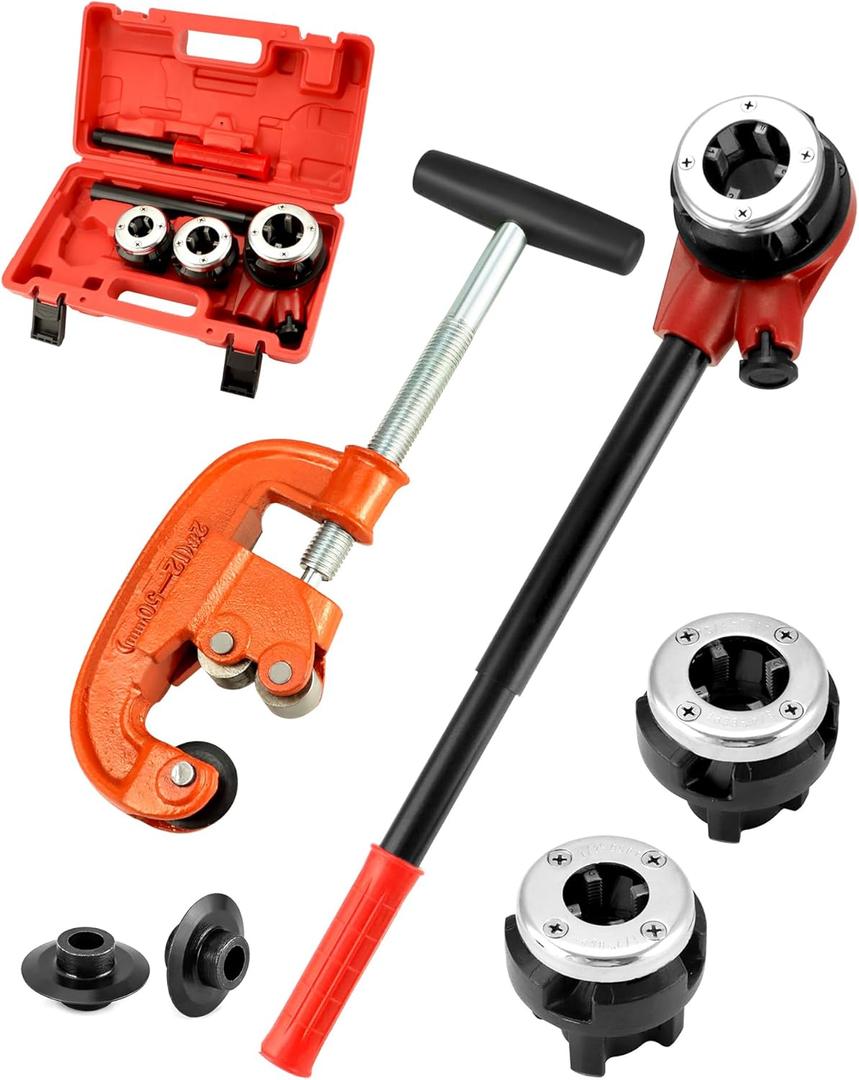 QWORK BSPT Pipe Thread Kit, Heavy Duty 1/8-inch to 2-inch Pipe Cutter + BSPT Ratchet Pipe Threader (1/2", 3/4", 1")