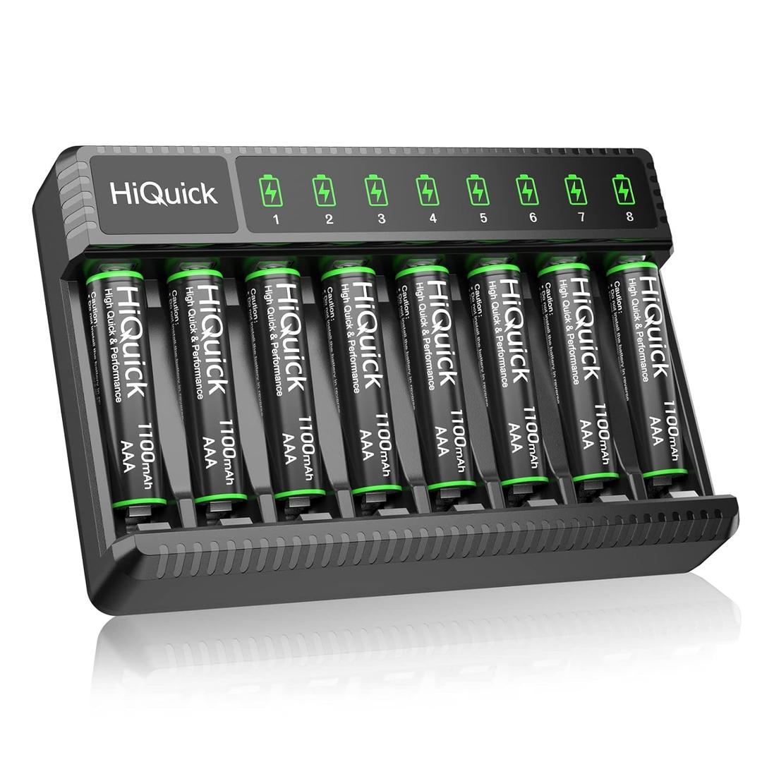 HiQuick Rechargeable AAA Batteries (8 Pack), 1.2V Ni-MH Low Self Discharge & Pre-Charged 1100Mah AAA Batteries with 8 Bay Smart Battery Charger for AA/AAA Ni-MH/NiCD Rechargeable Batteries