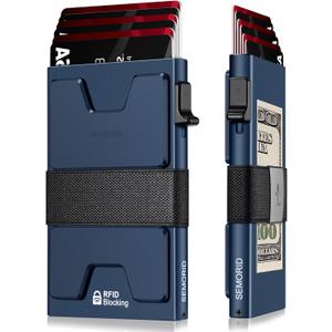 Slim Aluminum Card Holder Wallet for Men, Durable Expandable Backplate, RFID Blocking Minimalist Metal Pop Up Wallet, Holds 12+ Cards Plus Cash (Navy)