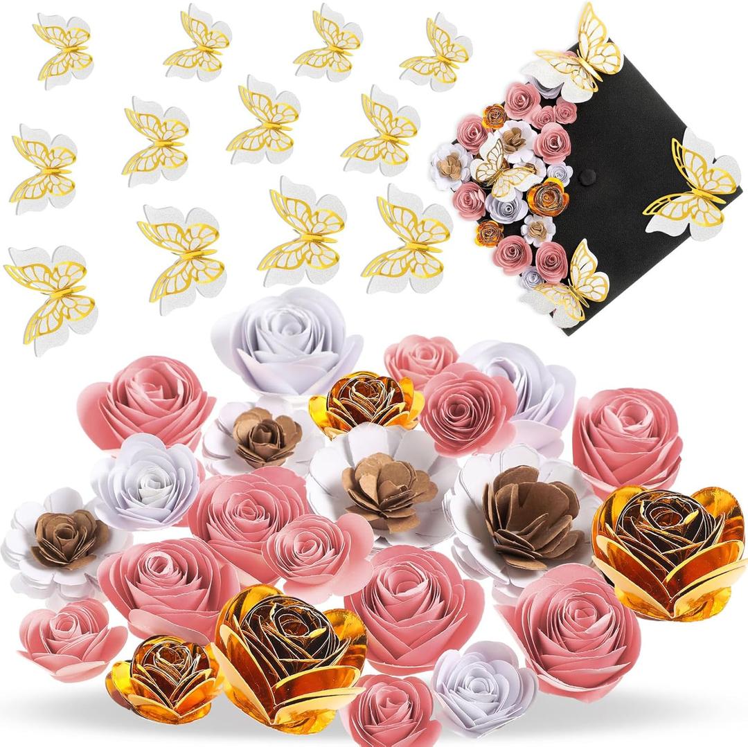 36 Pcs DIY Graduation Cap Decorations Accessory Kit Include Faux Paper Flower Heads 3D Butterfly Grad Cap Mini Paper Flowers Decorations for Grad Cap Topper DIY Graduation Gift(Pink, Gold)