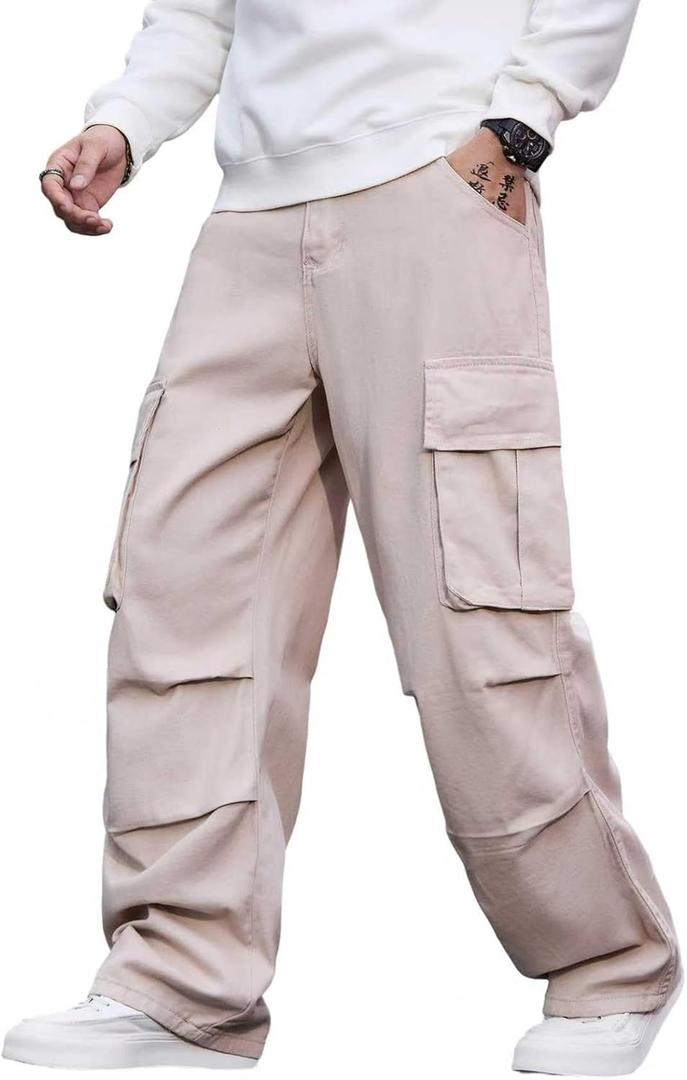 Baggy Denim Cargo Pants for Men with Pockets Mid Weight Wide Leg Hip Hop Skater Jeans Streetwear (Small, B20 Khaki)