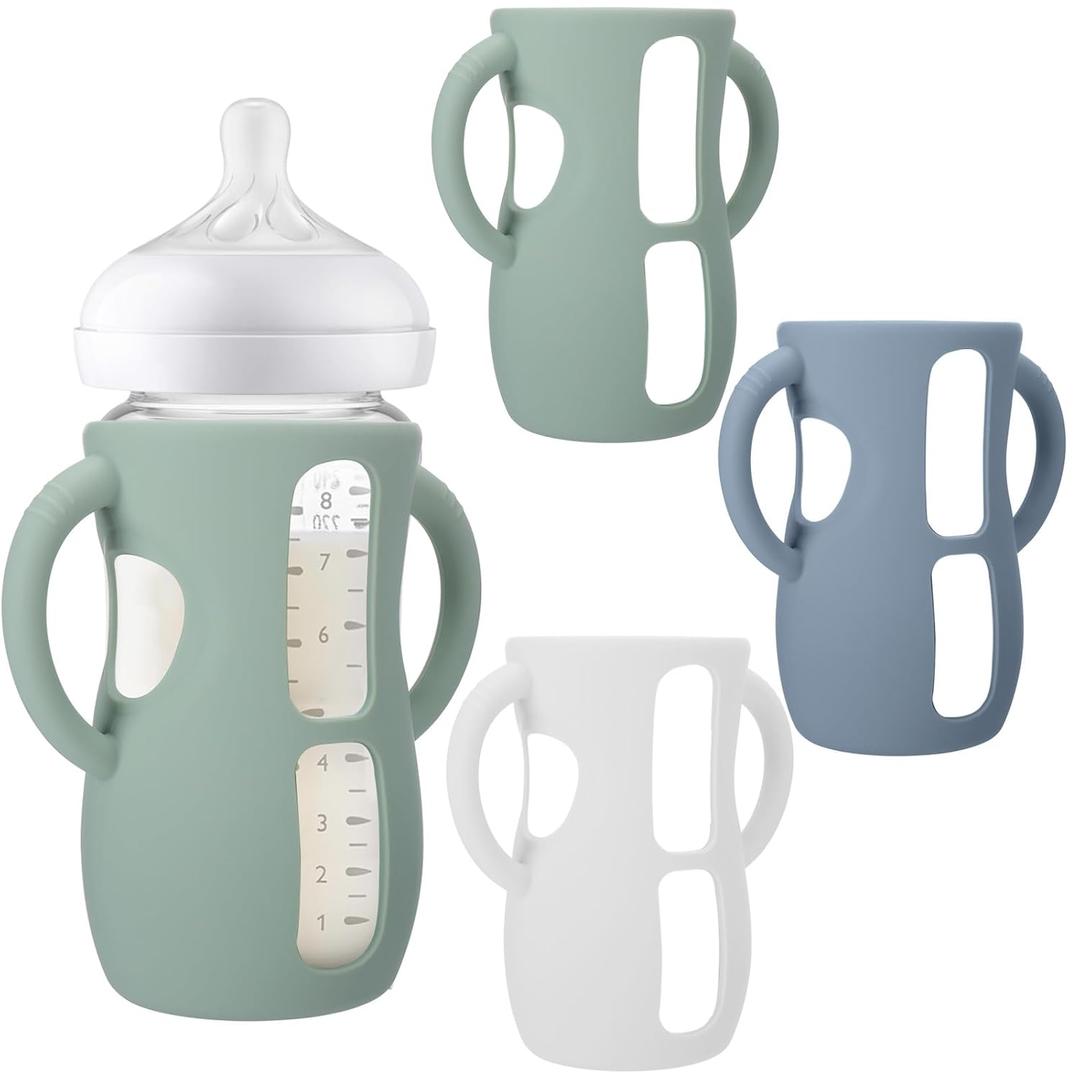BUSOHA 3 Pack Silicone Sleeves for Avent Baby Bottles - Anti Breakage Baby Bottle Holder with Handle for Avent Natural Glass Baby Bottles,Compatible with Avent Baby Bottle,8 OZ (Dark Green+Dark Blue+White)