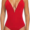 SHAPERIN Women's Deep V Neck Cami Bodysuit Plunge Double Layer Tummy Control Shapewear Thong Body Suits (Small, Red)