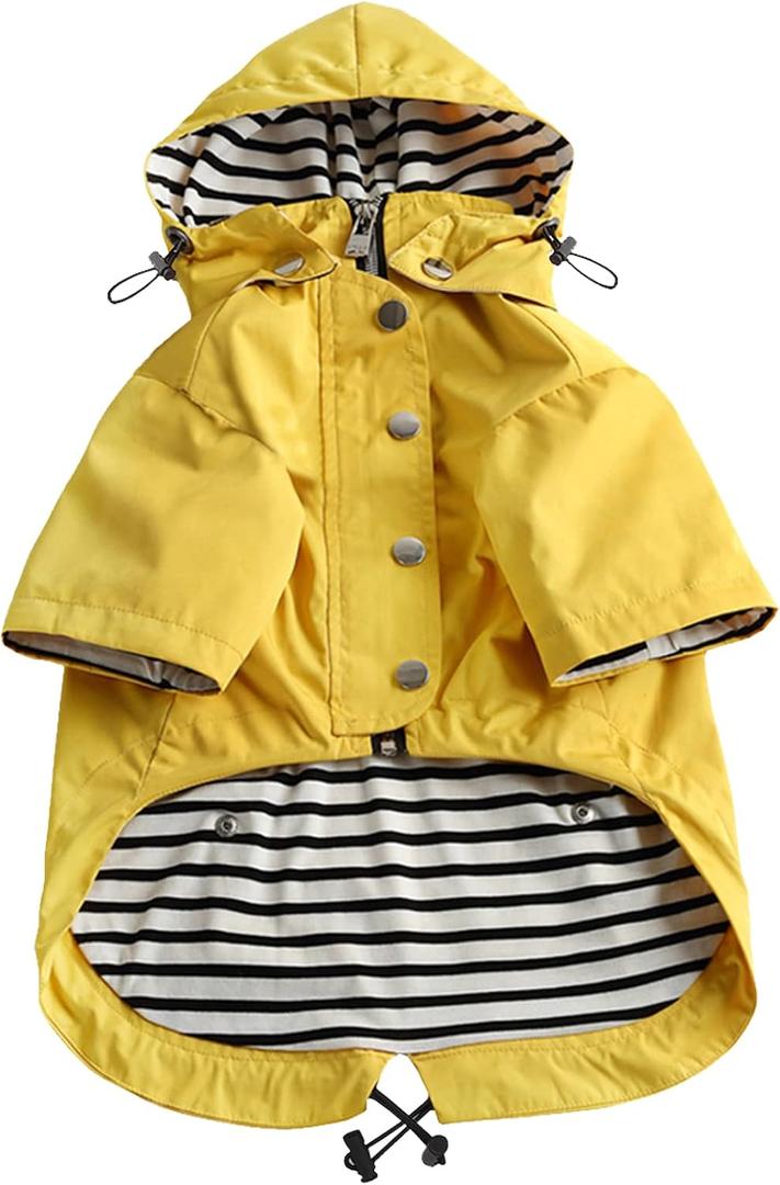 Dog Zip Up Raincoat with Reflective Buttons, Rain/Water Resistant, Adjustable Drawstring, Removable Hood - Yellow - Medium