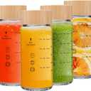 12oz Juice Bottles - 4 Pack Wide Mouth Glass Bottles with Lids- BPA Free, Bamboo Lids for Juicing, Smoothies, Infused Water, Beverage Storage - Leakproof, Borosilicate, Clear