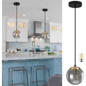 KoKo&Yukina 6 Inch Globe Pendant Light Gold Globe Pendant Lights Kitchen Island Mid Century Light Fixture with Grey Glass Shade for Dining Room (Ash Gray & Gold)