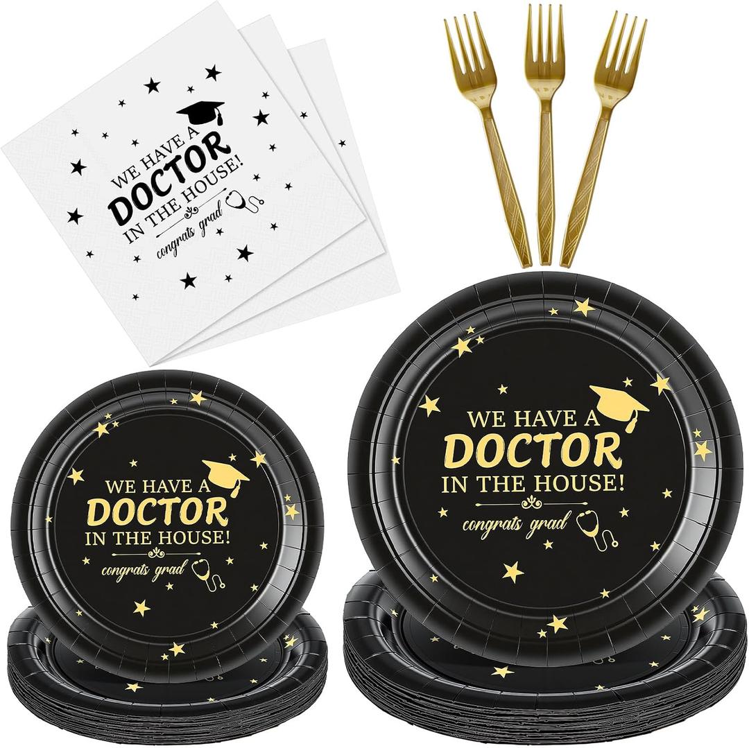 Remerry 96 Pcs/24 Set 2026 We Have a Doctor at Home Tableware Set Including Disposable Paper Plates Napkins and Forks Doctor Graduation Supplies Class of 2026 Medical School Graduation Party Supplies