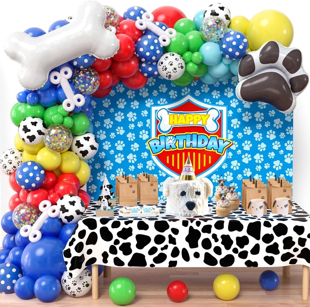 Winrayk 156Pcs Cartoon Dog Paw Birthday Party Decorations Supplies for Kids, Balloon Arch with Backdrop, Tablecloth, Large Dog Bone & Paw Print Foil Balloon, Boy Puppy Theme Birthday Party Decorations