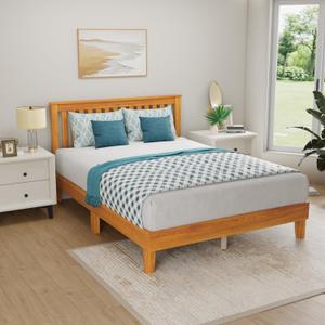 PayLessHere Wood Platform Bed Frame Full Size Solid Wood Bed Frame with Headboard Wood Slats Support No Box Spring Needed Easy Assembly,Brown