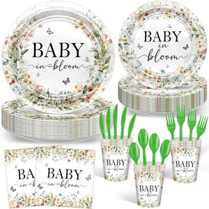 Avezano 168 PCS Baby in Bloom Baby Shower Decorations Wildflower Butterfly Plates Napkins Tableware Set Wildflower Party Supplies, Serves 24