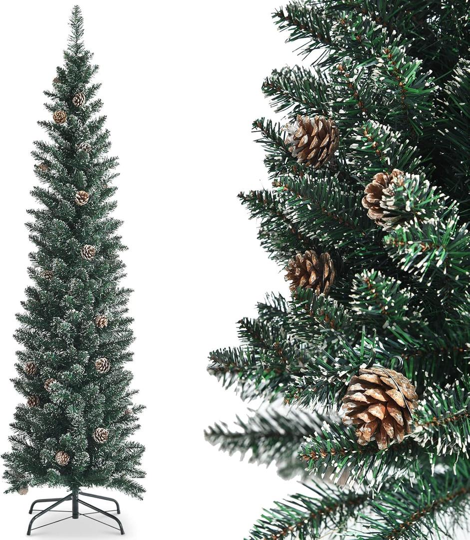 BestComfort 7FT Pencil Christmas Tree, Artificial Flocked Christmas Tree with 351 PVC Branch Tips, 41 Pine Cones & Metal Base, Full Holiday Decoration Tree, Festival Celebration Tree for Home, Office (6ft 11in)