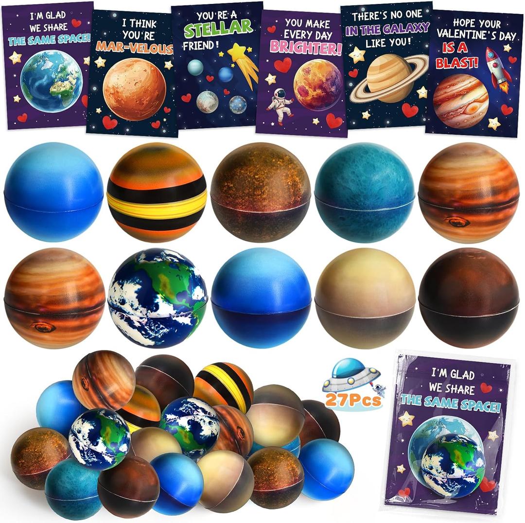 Valentines Day Gifts for Kids  27 Pack Valentines Day Cards for Kids School with 9 Solar System Planet Balls, Bouncy Space Balls for Kids, Valentine Party Favors, Classroom Prize Exchange