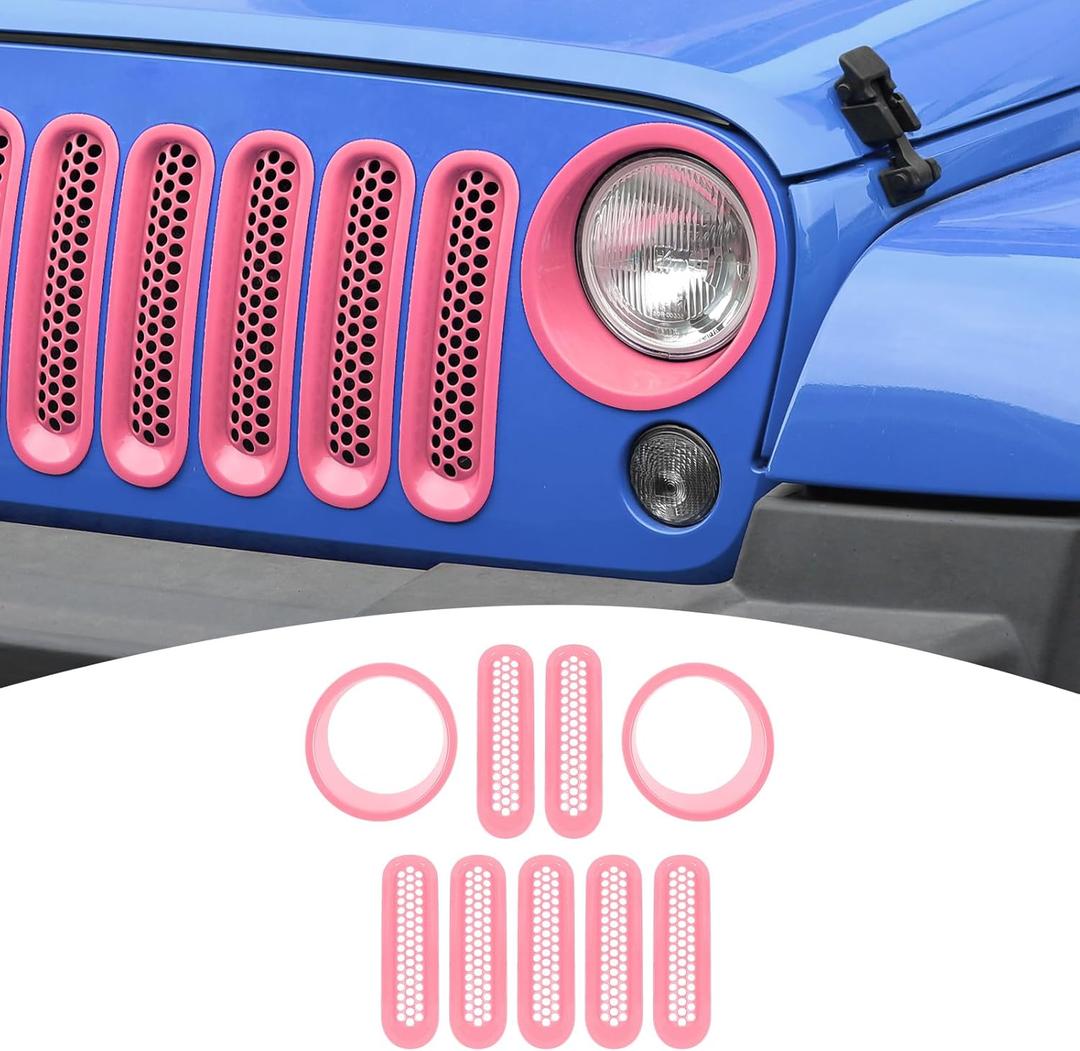 PDKLIN for Jeep JK Front Grille Inserts & Headlight Cover Trim Ring for Jeep Wrangler JK JKU 2007-2017 Pink Exterior Accessories 9pcs