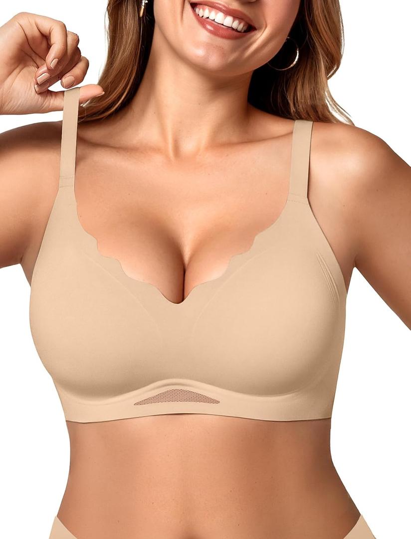 OEAK Womens Wireless Jelly Bras Scalloped Push Up No Underwire Bralette Supportive Tshirt Bra Seamless Comfortable Bras (Small, Sand Nude)