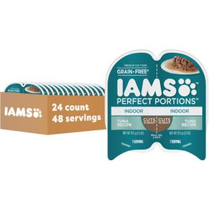 IAMS Perfect Portions Indoor Adult Wet Cat Food Cuts in Gravy, Tuna Recipe, 2.6 oz. Easy Peel Twin-Pack Trays (24 Count, 48 Servings)