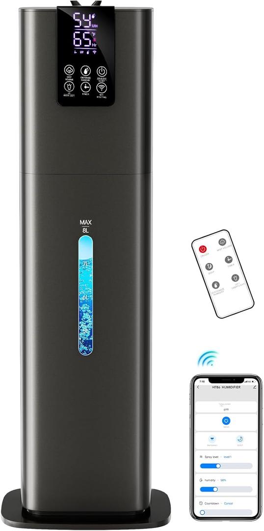 Smart Humidifiers Large Room Bedroom Home, 2.11Gal(8L) Quiet Top Fill Cool Mist Humidifier, Smart App & Remote Control, 3 Speed Humidifier with 360 Nozzle, Humidity Setting for Baby Office(Gray)