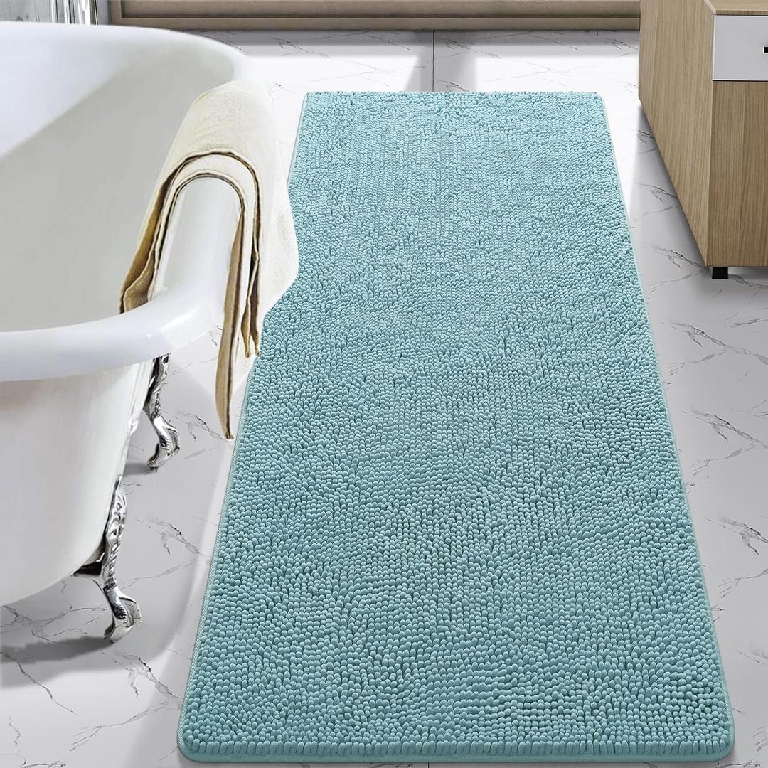 LOCHAS Luxury Bathroom Rug Shaggy Bath Mat 24 x 60 Inch, Washable Non Slip Bath Rugs for Bathroom Shower, Soft Plush Chenille Absorbent Carpets Mats, Spa Blue