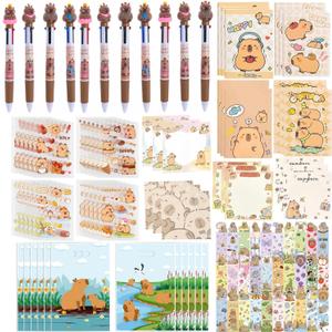 Capybara Stationery Party Gift Supplies with 12 Gift Bags,12 Ballpoint Pens,12 Notebooks,12 Sticky Notes,12 Stickers,30Pcs Bookmarks for Birthday Party Gifts Goodie Bag Fillers School Rewards