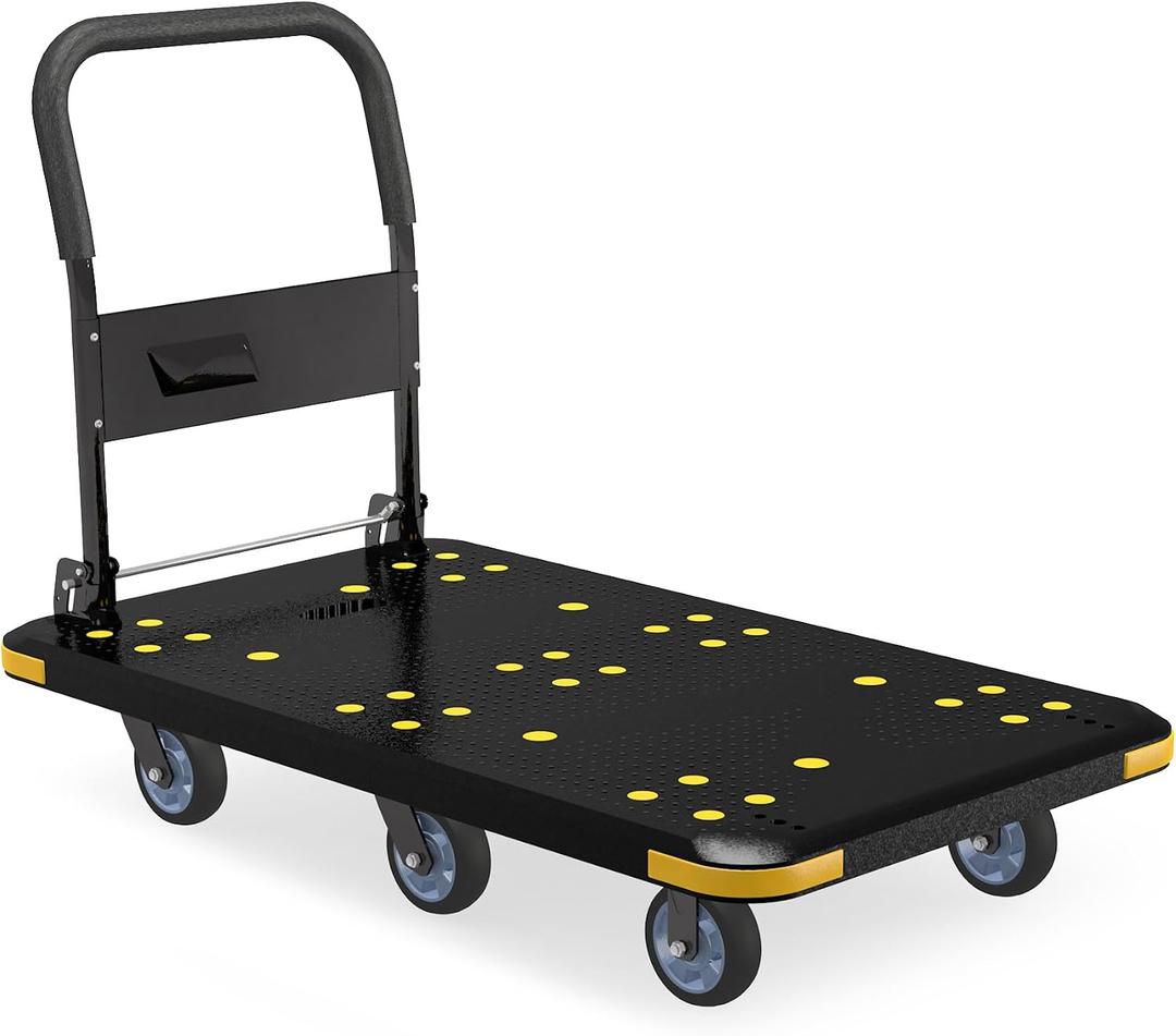 Heavy-Duty Foldable Platform Cart with 6 Wheels & 2000LB Capacity - 360 Swivel & Fixed Casters, Collapsible Push Cart Dolly Black Plastic Trolley, 5" Wheels, Spare Tire & Anti-Collision Corners
