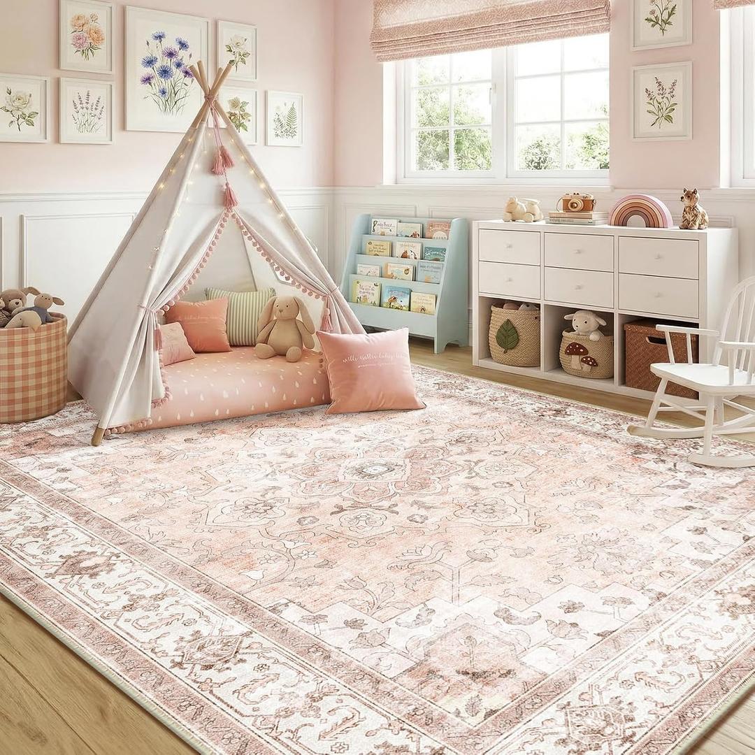 CAPALOCA Machine Washable Rugs Nursery Rug 6x9 Cute Girl Non Slip Low Pile Water Repellent Soft Print Pattern for Bedroom Indoor Decor Kids Playroom Pink