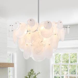 Dia 28 Inch, Modern Glass Chandeliers for Farmhouse, Large Unique Pendant Chandelier for Dining Room Bedroom Entryway Kitchen Foyer, Chrome Finish
