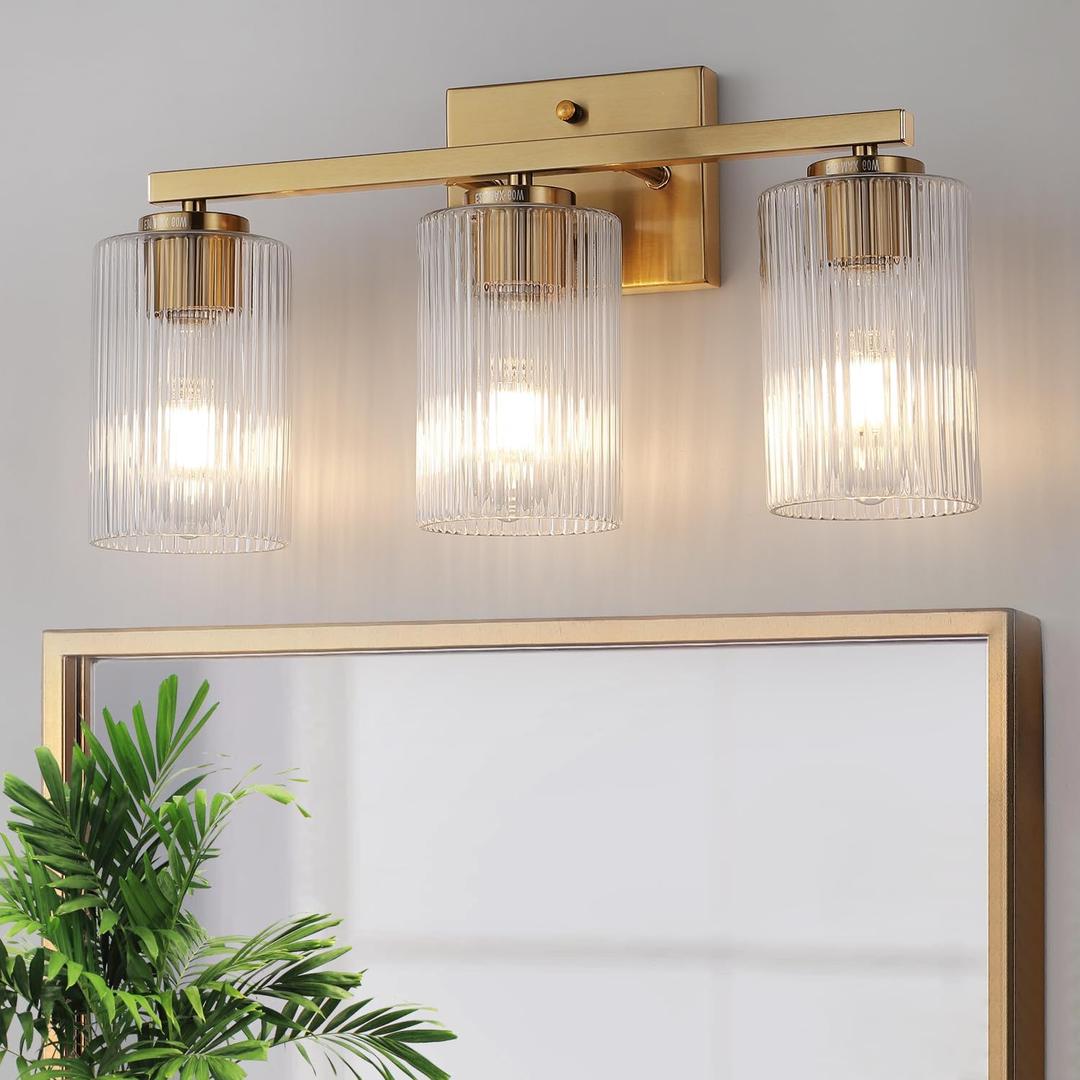 3 Light Brushed Gold Bathroom Vanity Light Over Mirror, Modern Vanity Lighting with Texture Glass Shade, Wall Mount Bathroom Light Fixtures, E26 Base