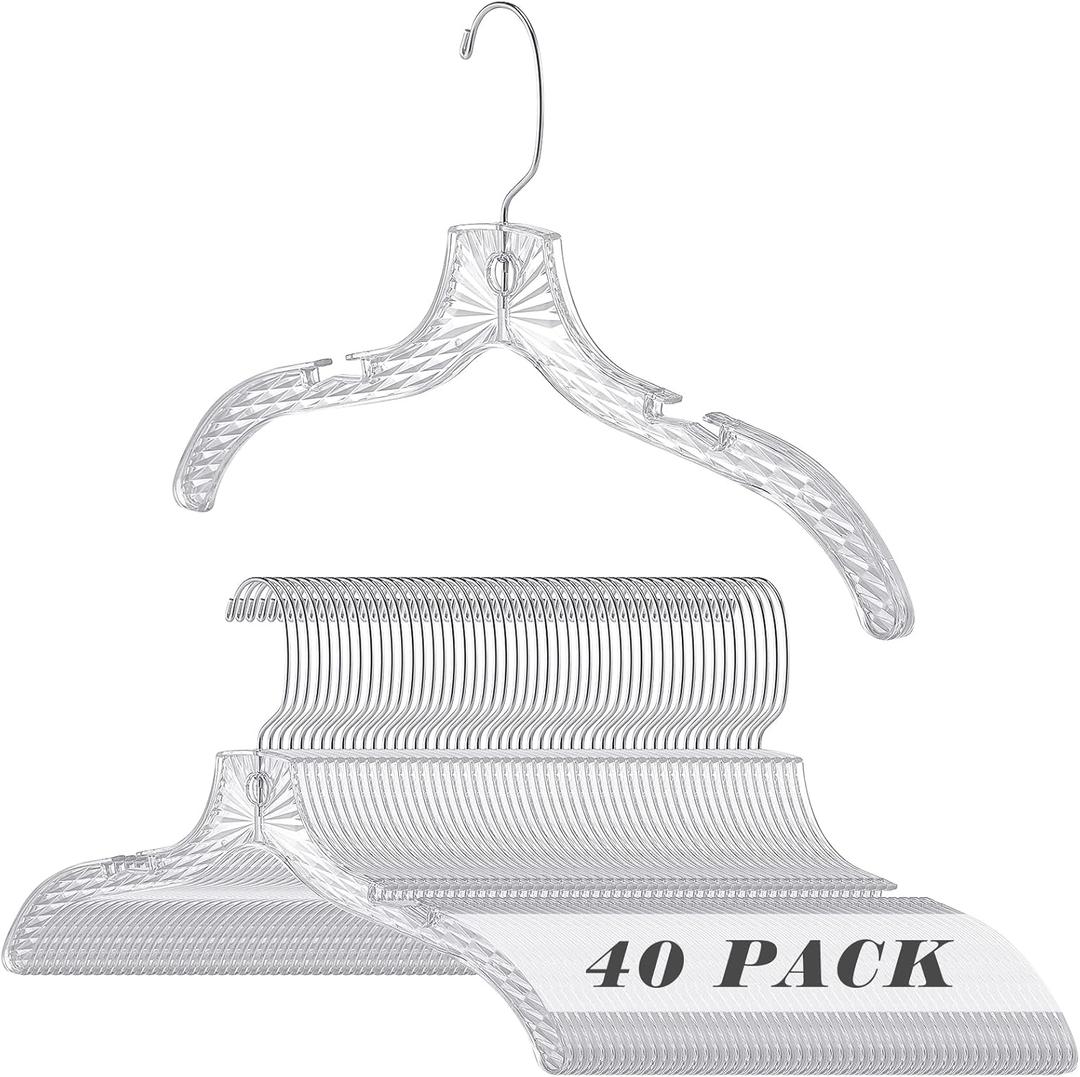 Roowest 40 Pcs Clear Plastic Hangers for Clothes Bulk 17 Inches Durable Crystal Cut Heavy Duty Hangers with Swivel Clips Non Slip for Clothing Closet Coats Dress Suit Shirts Jacket Thick Tough