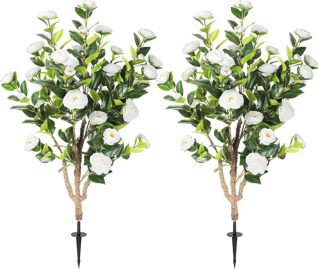 47 inch 2 Pack Artificial White Camellia Trees with Ground Spike