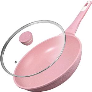 11 Inch Non Stick Frying Pans with Lid - 100% PFOA PFAS Free, Super Nonstick, All Stovetop Compatible Induction Gas Electric, Omelette & Egg Pan, Dishwasher Safe, Eco-Friendly Pink Pan