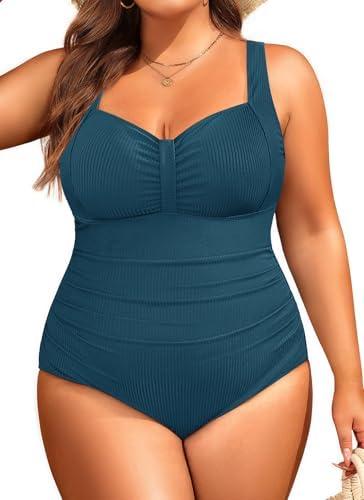 Aqua Eve Plus Size One Piece Swimsuit for Women Tummy Control Bathing Suit Ribbed Swimwear 22W
