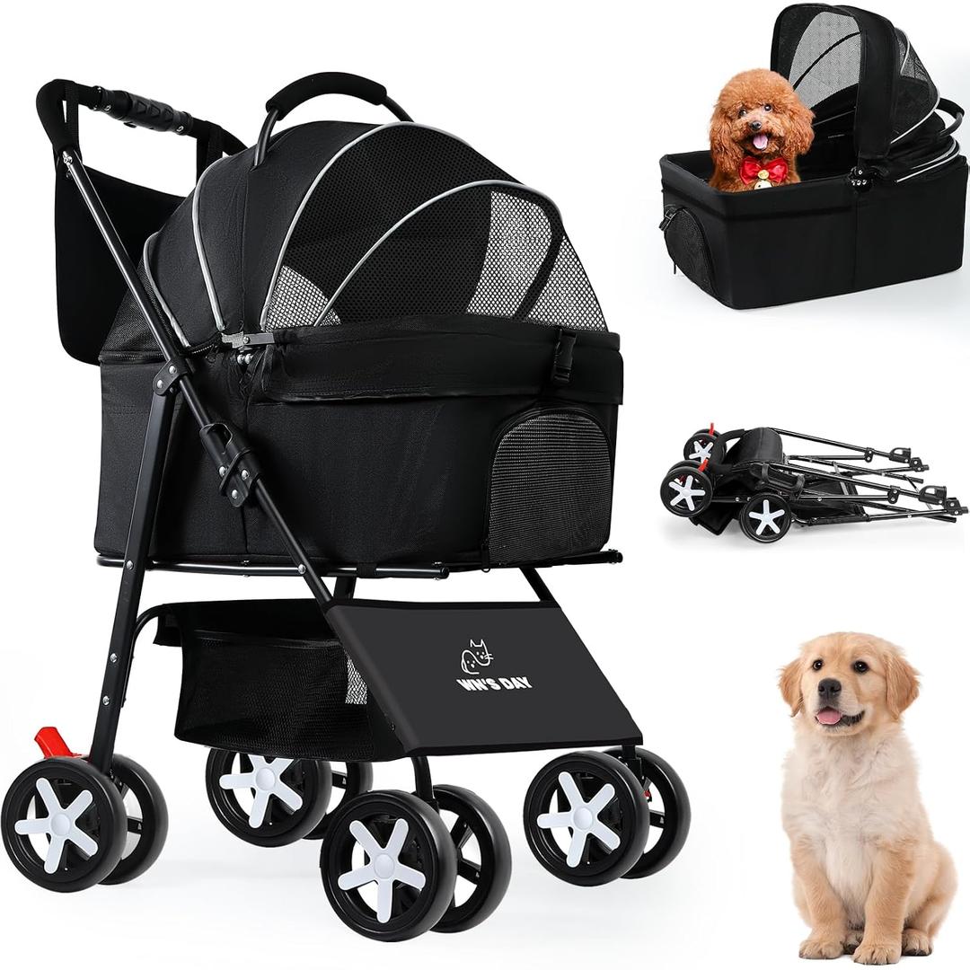 3 in 1 Pet Dog Stroller for Small Medium Dogs 10-50 lbs, Foldable Cat-Strollers for 2-Cats with Removable Carrier, Pet-Strollers for Cats with Storage Bag, Small Puppy-Stroller, Dog-Cart (Black)