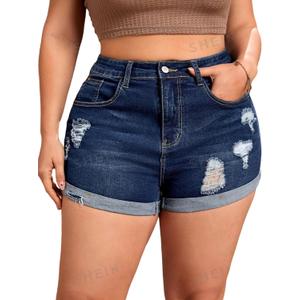 MapleHub Plus Size Women's Ripped Denim Jean Shorts High Waisted Stretchy Folded Hem Short Jeans (Dark Blue 2)