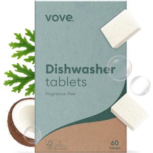 Vove Plastic-Free Dishwasher Detergent Blocs - 60 Ultra-Concentrated Tablets, Better Than Pods & Sheets - 5-Layer PureStack Technology, 2X Enzyme Power, Fragrance Free, Eco-Friendly (60 Count (Pack of 1))