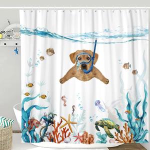 Fowocu Funny Dog Extra Long Shower Curtain Set Teal Blue Sea Ocean Waterproof Fabric Shower Curtains with Animal Octopus Starfish Turtle Anchor Fish Nautical Bathroom Curtain Decor (Orange, 72''78'')