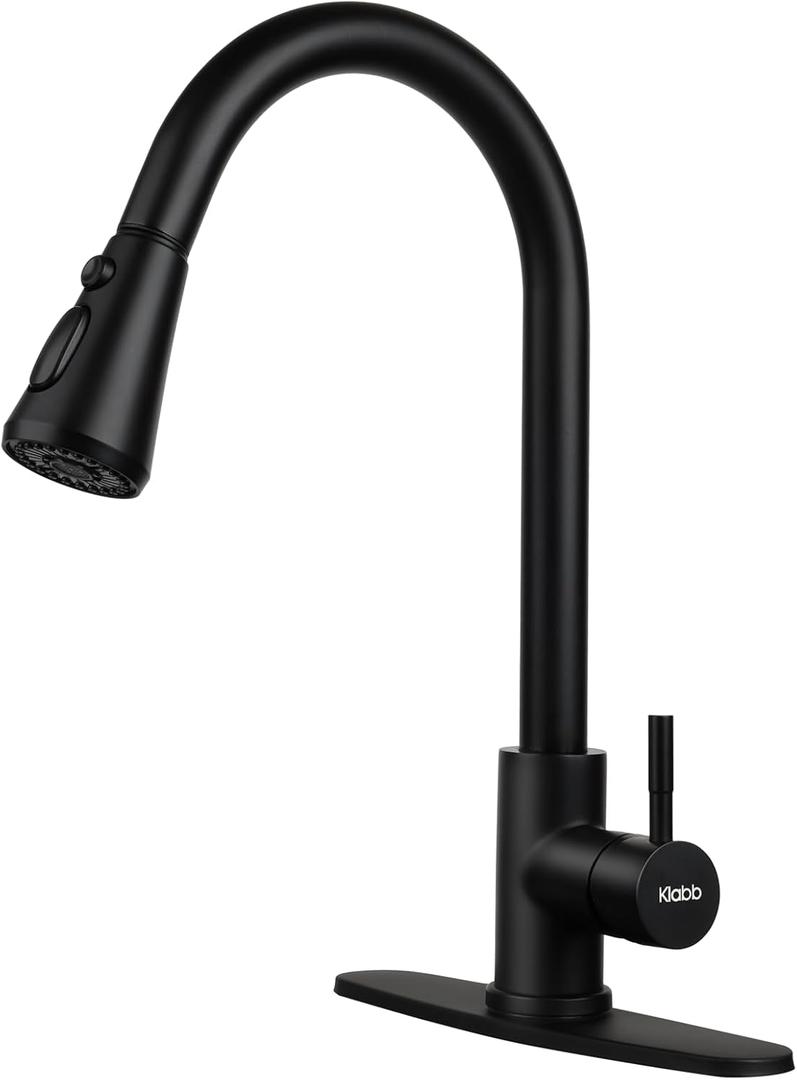Klabb Kitchen Faucet, Matte Black Single Handle Brass Pull-Out Faucet with Sprayer & Deck Plate, Durable & Easy to Install for Kitchen Sink
