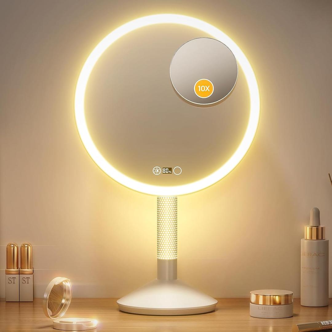 Gospire 10.8 Inch 2-in-1 Large Vanity Mirror with Lights & Bedside Table Lamp, Height Adjustable Lighted Makeup Mirror with Magnification 10X, 5000mAh Battery, 3-Color Desk Light Up Mirrors Bathroom