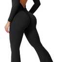 YEOREO One Piece Wide Leg Jumpsuits for Women Workout Long Sleeve Backless Flare Jumpsuit Lizvette Scrunch V Back Yoga Romper (Medium, Black)