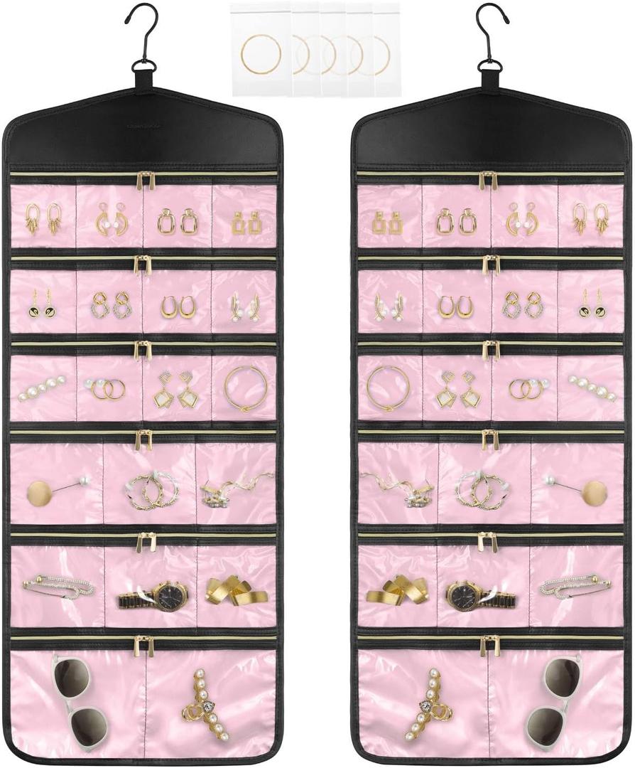 CHICECO Hanging Jewelry Organizer With Zippered Pockets,40 Pockets Travel Jewelry Organizer Storage for Cloest,Wall,Door (Pink)