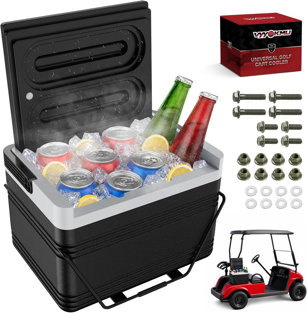 Golf Cart Cooler with Mounting Bracket, Drilling Required, Cooler for Golf Cart 2-Seater Club Car DS, EZGO TXT, Yamaha G14-G29, 9Qt /8L Golf Cart Ice Chest for 15 Cans, 48H Ice Retention, 12.75" L 9.5" W 16.75" H