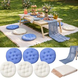Frienda 91'' x 71'' Extra Large Outdoor Boho Picnic Blanket with Blue Table Runner 6 Floor Pillows Cushions for Picnic Party Camping Wedding Bachelorette Birthday Baby Shower Yard Decor, 15 x 15 inches