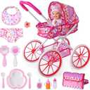 BABESIDE 10 Pcs Baby Doll Stroller Set with Feeding Doll Accessories, Baby Doll Stroller Toys for 12 Inch Dolls, Pretend Play Feeding Toy (Doll Not Included)