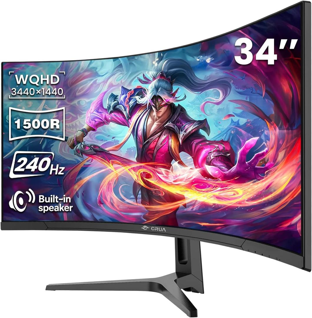 CRUA 34" WQHD 240Hz Ultrawide Curved Gaming Monitor, 1500R, FreeSync, Black | 3440x1440 VA Screen With 120%sRGB, Built-In Speakers, HDMI 2.1/DP 1.4 and 75x75mm Wall Mount For Gaming, Streaming and Work