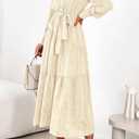 dowerme Women's Casual Dresses 2025 Fall Fashion Long Sleeve Button Up Floral Print Belted Tiered Boho Maxi Party Dress (XL)