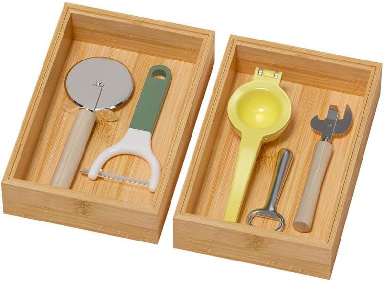 Bamboo Drawer Organizer, Cutlery Silverware Organizer for Kitchen Drawer, Stackable Utensil Organizer, 2 Pcs Flatware Organizer for Drawer, Wooden Storage Box Tray (Bamboo, 9 X 6 X 2 Inch) (Yellow)